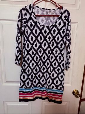 Navy blue  & White Ikat Stripe-Hem Shift Dress